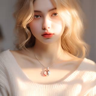 Femme blonde portant un pull blanc et un collier, mise en lumière de couleur chaude en gros plan.