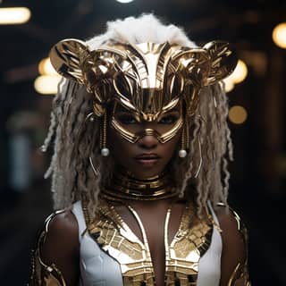 Dark an african tall handsome model bright eyes glossy lips lion teeth necklace gold lion mask white cape model wearing