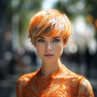 Portrait hyperréaliste d'une femme aux cheveux orange vif et aux yeux bleus portant une robe orange, capturée avec un détail et une profondeur de champ époustouflants.