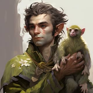 Maschio dnd 5e Earth Elf con un piccolo animale domestico scimmia alata.