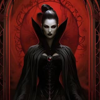 Vampiress, a rainha má está sentada diante de um fundo vermelho em um vestido preto, retratando a arte do livro.