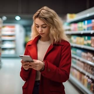 Une jeune femme en manteau rouge fait des achats dans une épicerie et vérifie sa liste d'achats nécessaires sur son smartphone.