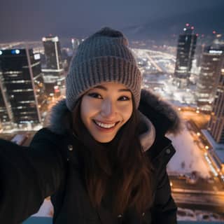 Young in a winter outfit smiling taking a closeup selfie on a rooftop surrounded by towering skyscrapers evening