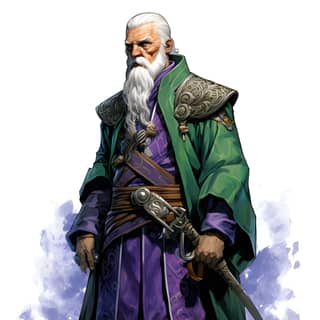 Un anciano con aspecto mayor vestido de verde, morado y negro, con una larga barba blanca y abrigo morado.