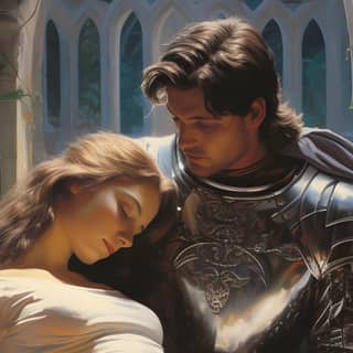 anakin skywalker as a knight in armor sees Anna de armas in a silk dress as she lays on a bed of flowers in a misty mideval