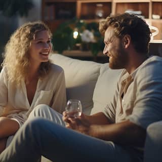 Salon confortable et hygge avec des meubles blancs et un couple assis sur un canapé en train de boire du vin.