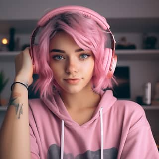 Membuat pembicara perempuan untuk video TikTok, berusia 25 tahun, dengan rambut berwarna pink dan menggunakan headphone, yang terlihat imut dan memperlihatkan tangan ke kamera.