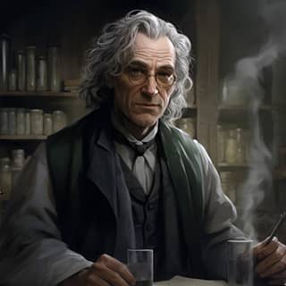 a doctor in his late fifties in a grey gown and round glasses on his long nose Messy grey hair He's working in his pharmacy