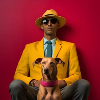 a dog brainstorming and posing proudly with his owner in the style of Elliott Erwitt vibrant color unique award wining