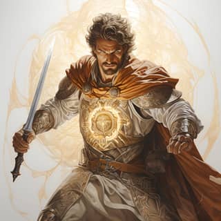 fantasy dnd character Paladin of Glory Paladin of Lathander Tan skin half-elf male curly hair wielding a spear god rays