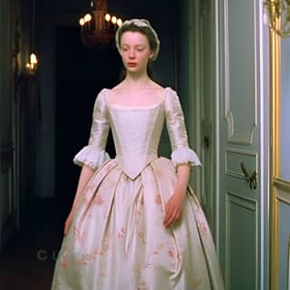 grainy movie footage woman in 17th century clothing standing in a hallway chateau interior mid action tv footage