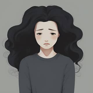 Una donna triste con lunghi capelli neri tiene la testa in un'illustrazione minimalista.