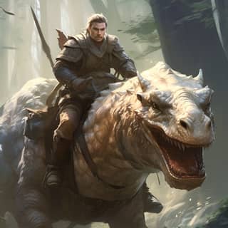 Orta Çağ avcısı, fantastik bir D&D dünyasında ormanın içinden tauntaun üzerinde gidiyor.