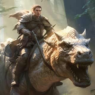 Un guardabosques medieval cabalga un tauntaun a través de un bosque fantástico en un escenario de D&D.