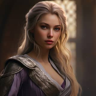 noblewoman with blonde hair and violet eyes A small smirk on her lips and a sword in her hand Dressed in a merchant's attire