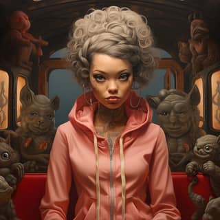 Il pop surrealismo nello stile di Mark Ryden seduto su un divano rosso circondato da gatti e peluche.