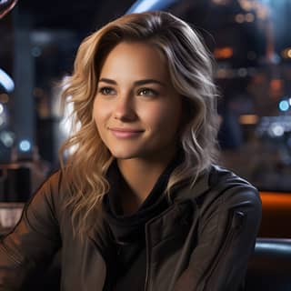 Expert en marketing professionnel assis dans un café arabe futuriste, une femme blonde assise à une table avec un verre de vin et de whisky.