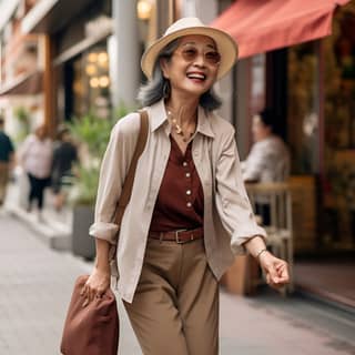 70歳代のアジア系の高齢女性が晴れた日にのんびりと散歩を楽しんでおり、幸福感とリラックスを放っています。