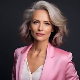 A stylish woman in her 50s sony a7 iii, with gray hair and pink suit