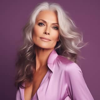 Una mujer elegante en sus 50 años con cabello largo y gris, vistiendo una camisa morada posa sobre un fondo morado, mostrando la belleza del cabello gris.