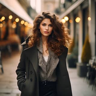 Bellissima donna con lunghi capelli ricci che cammina in una via commerciale durante l'inverno.