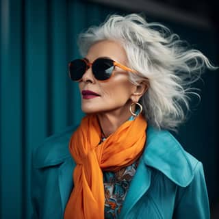 teal orange look with an old attractive white haired woman wearing stylish sunglasses walking