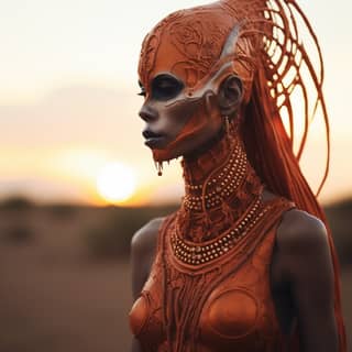 👽🎃, with orange makeup and a headdress in the desert