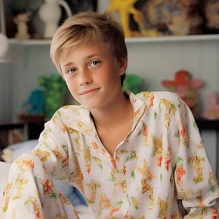 Un mignon garçon de 11 ans avec des cheveux coupés en brosse brun sable, portant des pyjamas d'été blancs en satin, est assis dans sa chambre.