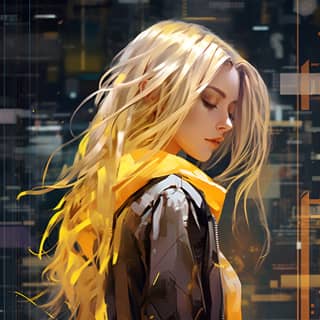 Édgerunner cyberpunk de 30 ans avec de longs cheveux blonds et des leggings jaunes, netrunner artiste glitché dans un paysage urbain.