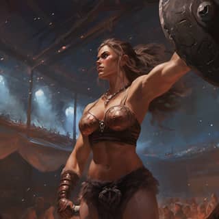 A Barbarian woman in an arena she is swinging a large Hammer