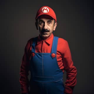 Eric Zemmour porte un costume de Mario debout droit dans un chapeau rouge et une salopette bleue.