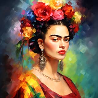 Retrato de Frida Kahlo pintado sobre tela por Leonid Afremov con muchos detalles.