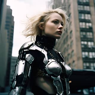 Hajime Sorayama styled femme exoskeleton blond hair woman stand along in the middle of nyc buildings extreme realistic