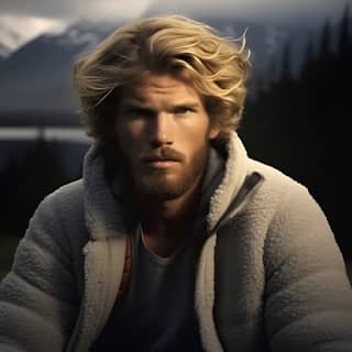 Magnus Carlson 18 ans cheveux blonds roux collier de barbe rousse yeux gris pénétrants montagne neige loup anormalement gros