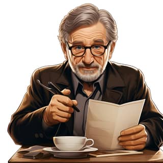 Telegram sticker - Director Steven Spielberg with a pen and paper thoughtfully crafting a new plot