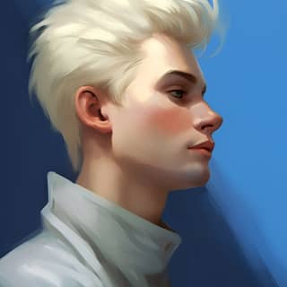 Profil d'un sorcier blond héroïque avec une coupe de cheveux Pompadour, portant une tunique bleue et une écharpe blanche, la tête tournée vers le bas et vers la droite, et des yeux bleus.