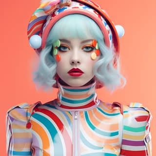 Une jeune fille funky portant une combinaison spatiale aux couleurs vives avec des cheveux et une tenue colorés.