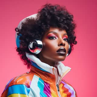 Young funky woman wearing a spacesuit dark skin tone candycane vibrant candycolors