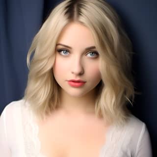 Hermosa mujer rubia y feliz con cabello ondulado y ojos azules que lleva una blusa blanca y una falda roja.