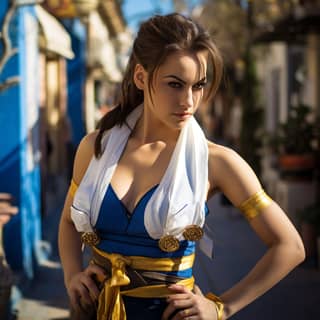 beautiful woman dressed as chun Li cosplay Athens, in a costume poses for a photo