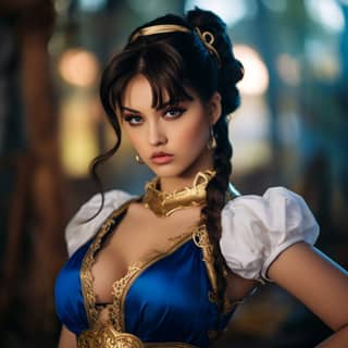 beautiful woman dressed as chun Li cosplay Themiscyra pasture, in a blue dress and gold costume