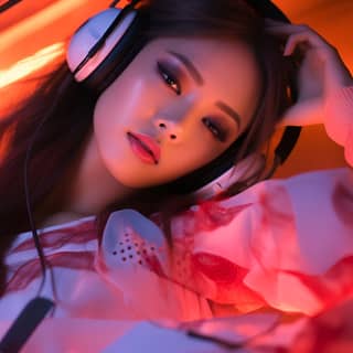 Model muda ultrarealistik sinematik dengan tato berbaring di tempat tidur, mengenakan headphone di ruangan yang diterangi neon.