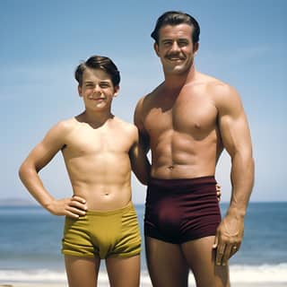 classic Hollywood father and son holding hands and embracing face to face in tiny swim shorts slightly pudgy strongman very