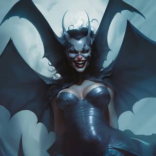 a comic book supervillain that is a gorgeous curvaceous woman-bat with blue skin and large batlike leathery wings she has