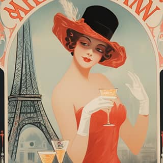 Poster vintage seorang wanita dalam gaun merah dan topi memegang gelas sampanye, dalam gaya iklan kereta bawah tanah Paris 1920-an.