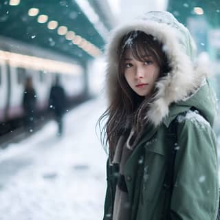 Une femme en manteau vert se tient devant une station enneigée.