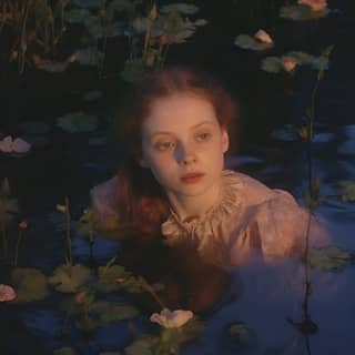 grainy movie footage Ophelia is wading into the water flowers leaves and water lilies auburn hair hazy light warm light