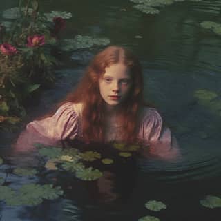 grainy movie footage Ophelia is wading into the water flowers leaves and water lilies auburn hair hazy light warm light