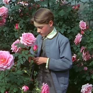 Images granuleuses d'un garçon édouardien en train de réfléchir dans un luxuriant jardin de roses.