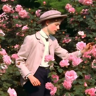 Un film granuleux montre un jeune garçon de l'époque édouardienne profondément pensif en train de se tenir dans un jardin de roses roses.